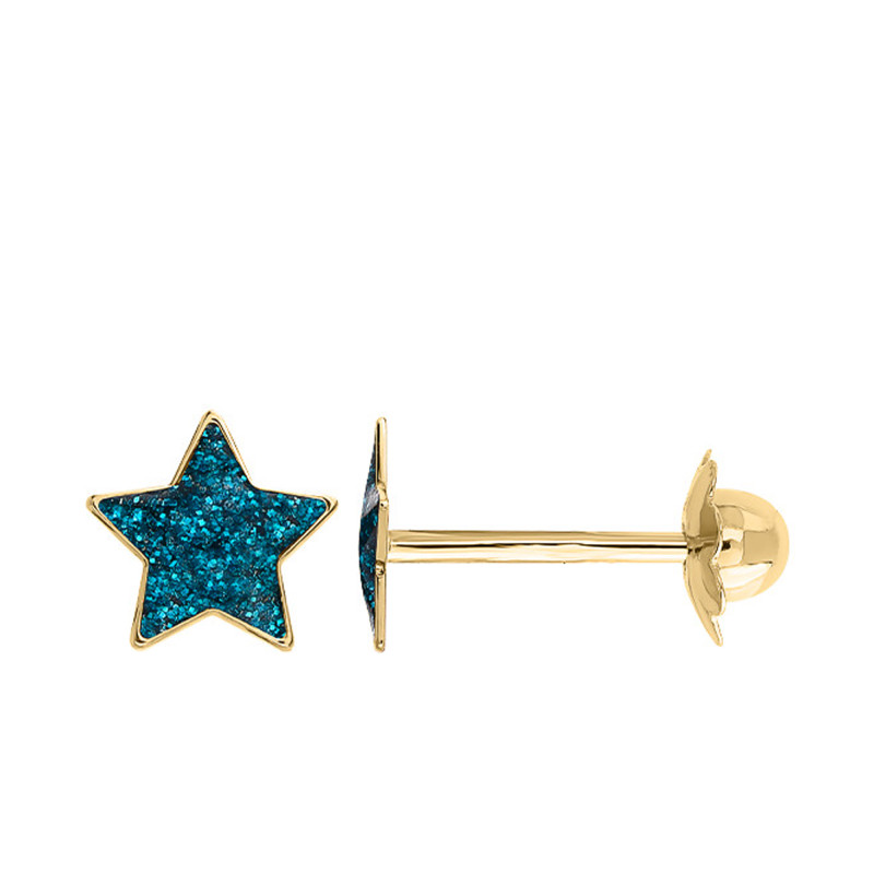 PROMO Boucles d'Oreilles Étoiles Bleues en Or jaune 375 & Laque - Bambins OCARAT.COM BIJOUTERIE N°1