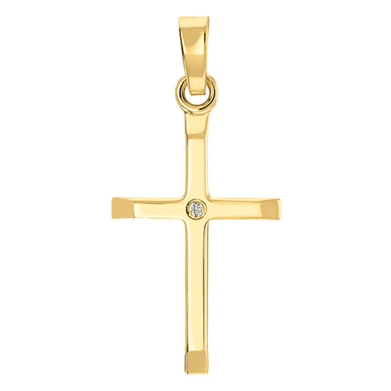 Pendentif Croix Bombée en Or Jaune 375 & Diamant 0,005 ct - W/P1 - Vandona