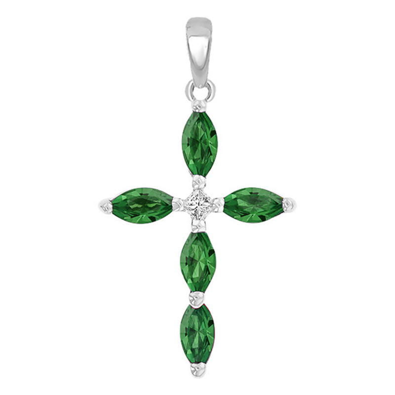 Croix en Or Blanc 375 ou 750 & Diamant et Emeraudes Ovales - Orphée