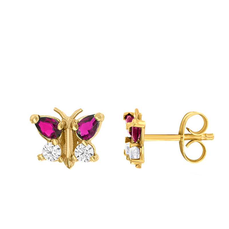 Boucles d'Oreilles Papillon en Or Jaune 375 et Oxydes et Rubis - Bambins