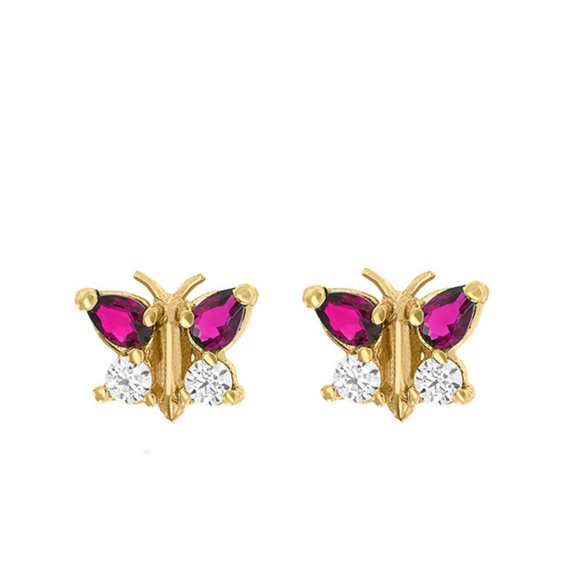 Boucles d'Oreilles Papillon en Or Jaune 375 et Oxydes et Rubis - Bambins