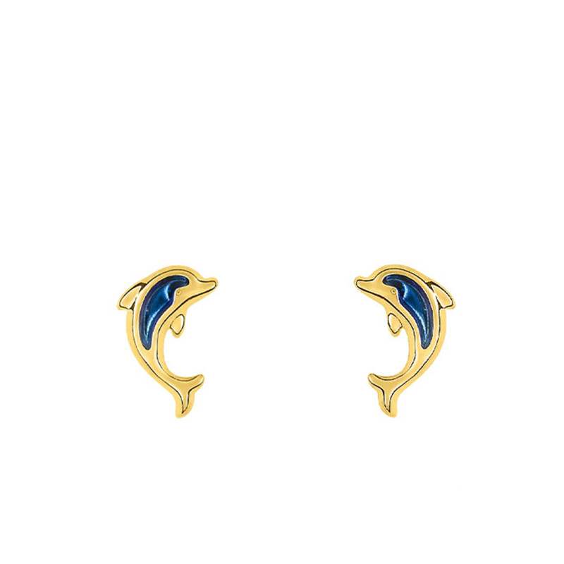 Boucles d'Oreilles Dauphin Noir en Or Jaune 375 - Bambins