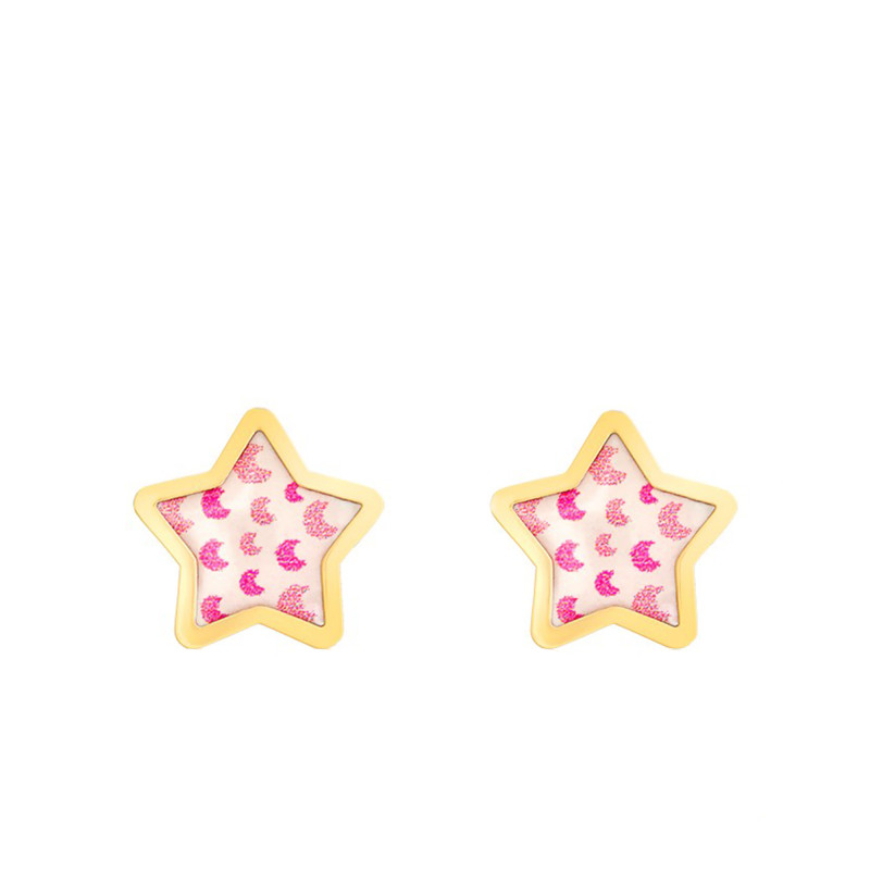 Boucles d'Oreilles Lunes Rose Etoiles en Or Jaune - Bambins