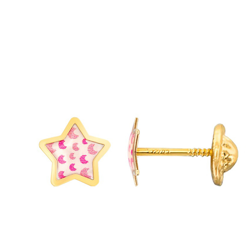 Boucles d'Oreilles Lunes Rose Etoiles en Or Jaune - Bambins