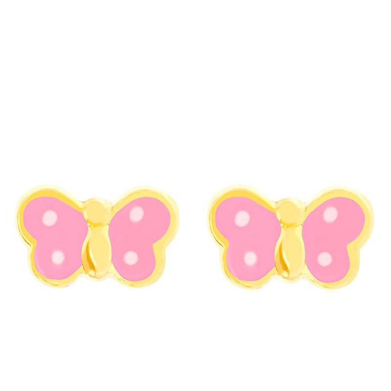 Boucles d'Oreilles Papillons Rose en Or Jaune & Email - Bambins
