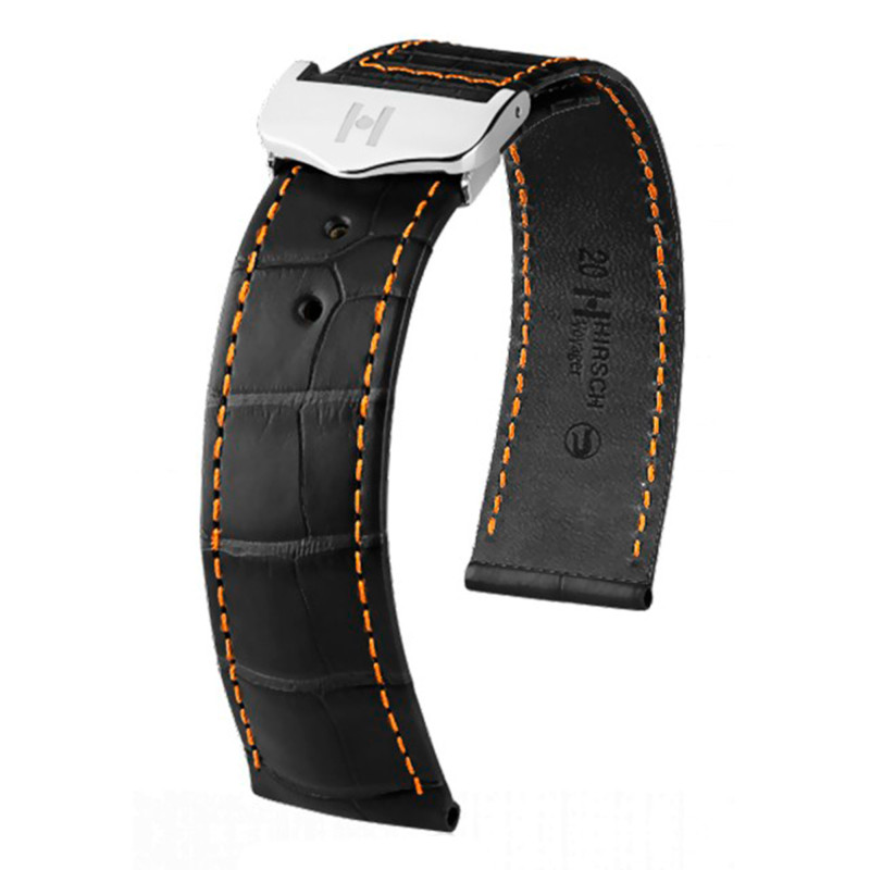 Bracelet Voyager Alligator Noir Mat / Orange- Entrecorne 22 mm - Chute 18 mm - Hirsch