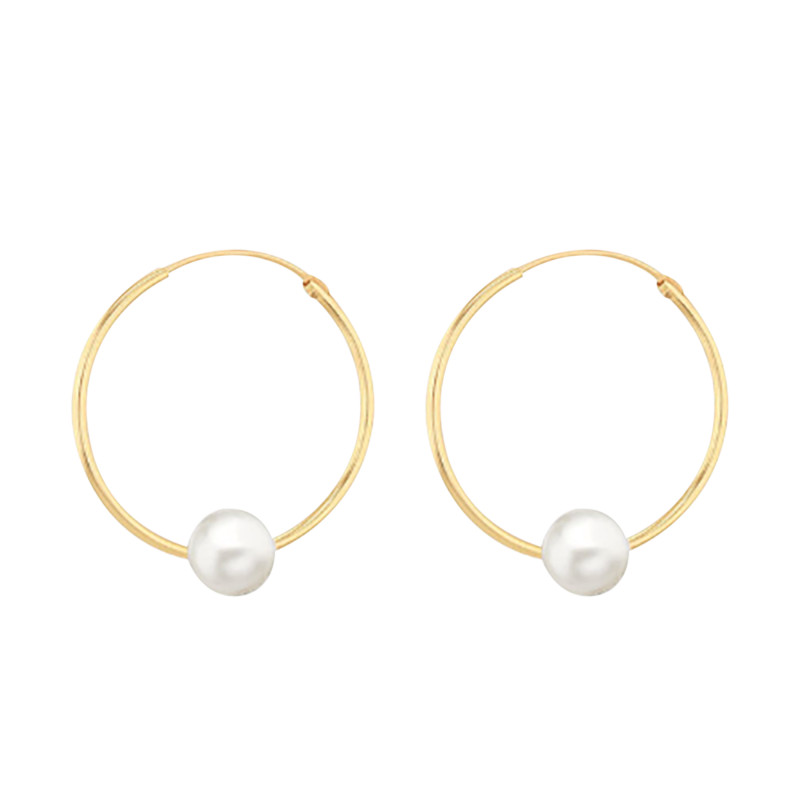 Boucles d'Oreilles Créoles en Or Jaune 375 & Perles d'Eau Douce, Diamètre 18,50 mm - Emanessence