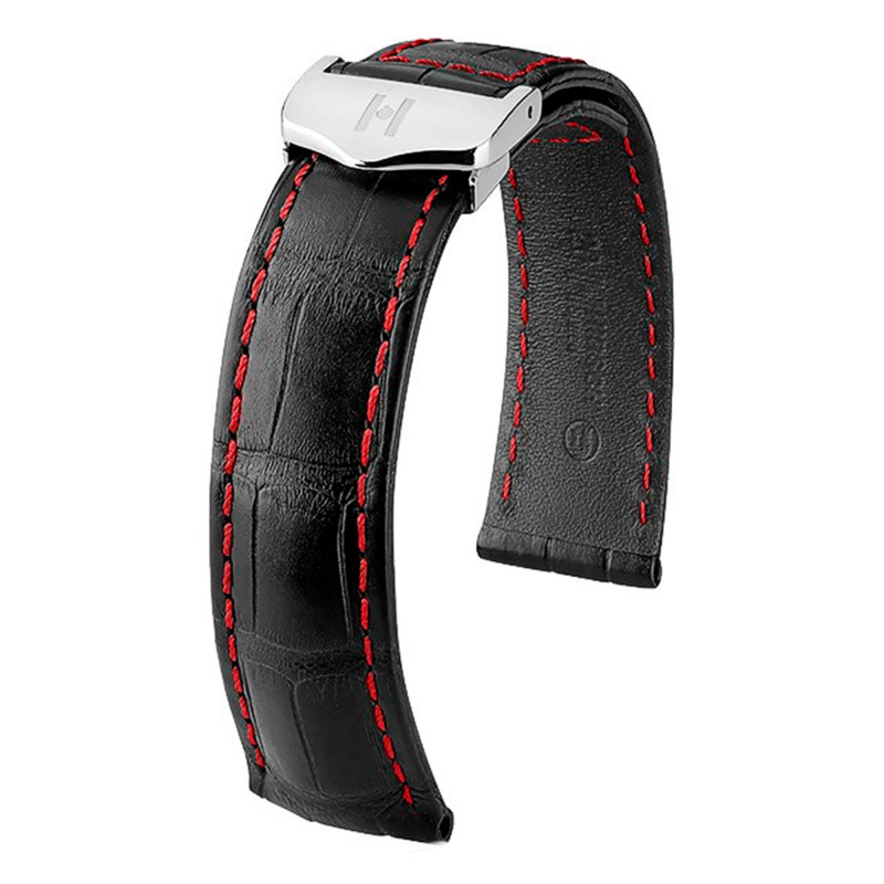 Bracelet Cuir Speed Alligator Noir/Rouge 07507458 19mm à 21mm - Hirsch