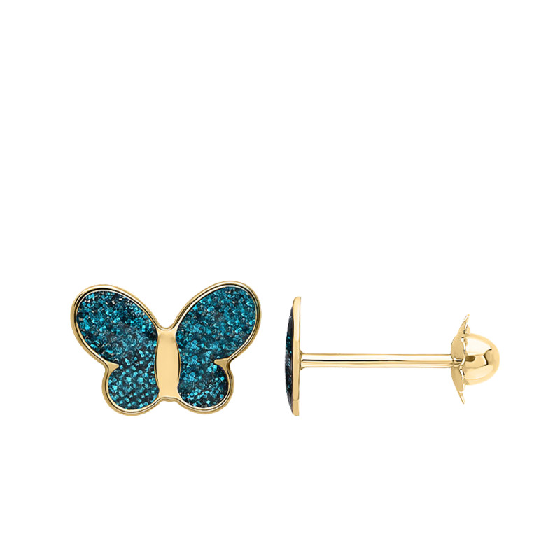 Boucles d'Oreilles Papillons Bleues en Or Jaune 375 & Laque - Bambins