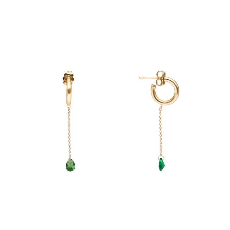 Boucles d'Oreilles Créoles en Or Jaune 375 & Cristaux Poires Verts, Diamètre 11,70 mm - Ocarat