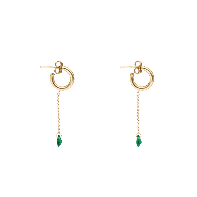 Boucles d'Oreilles Créoles en Or Jaune 375 & Cristaux Poires Verts, Diamètre 11,70 mm - Ocarat