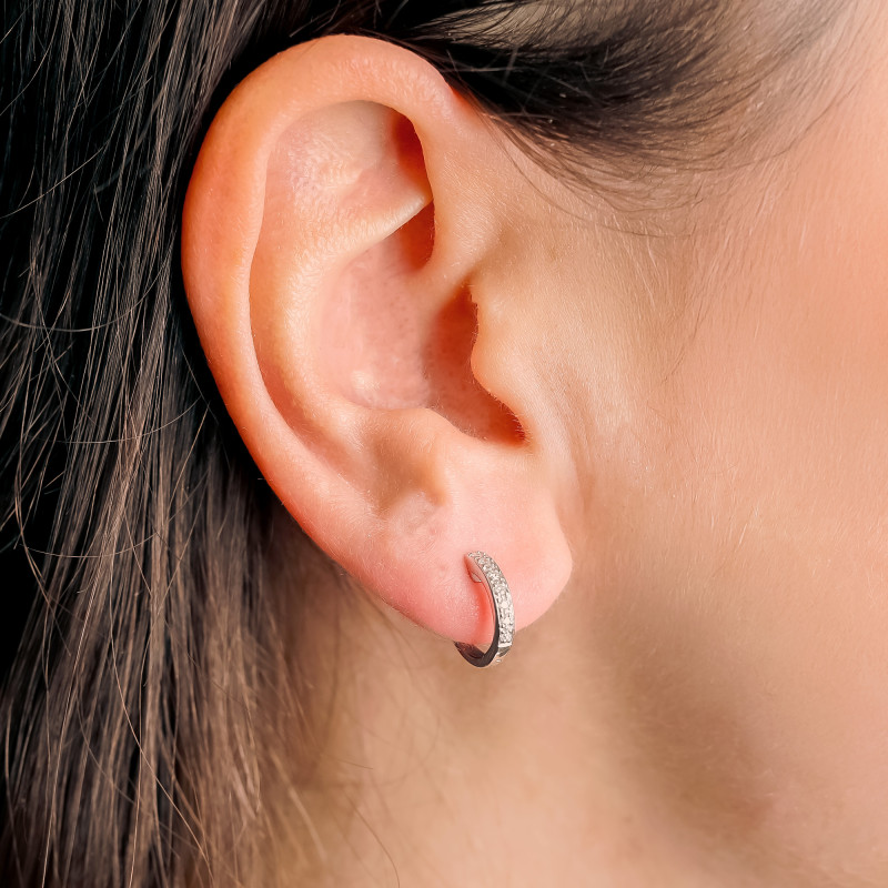 Boucles d'Oreilles Créoles Rondes en Or Blanc 375 & Diamants 0,07 ct, Diamètre 11,85 mm - Emanessence