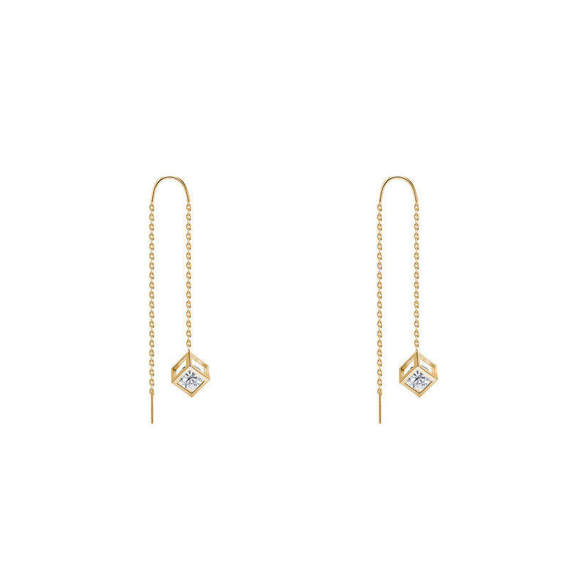 Boucles d'Oreilles Pendantes Cubes en Or Jaune 750 & Diamants - Demetra
