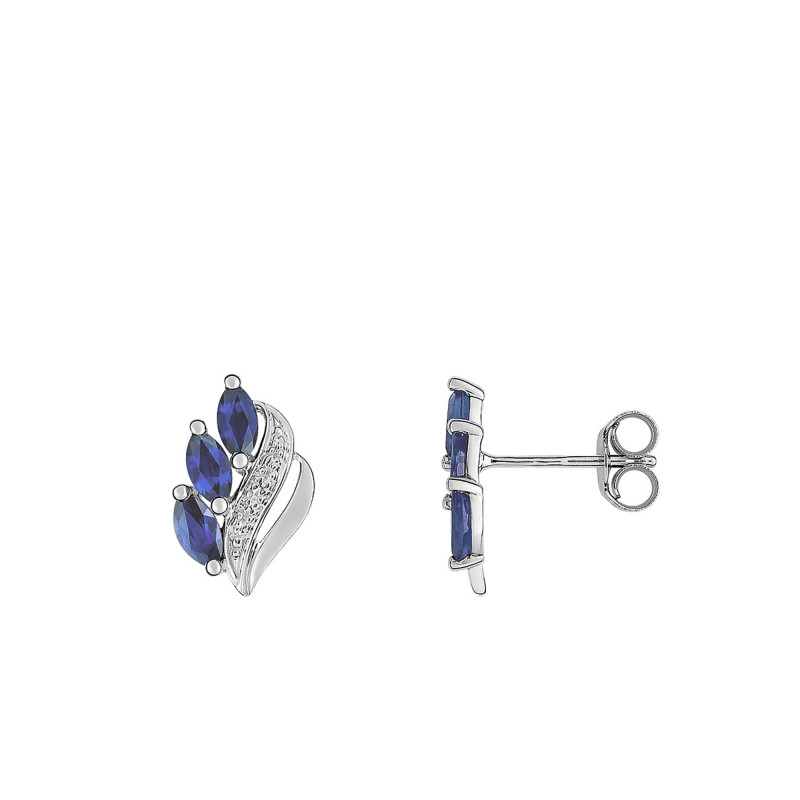 Boucles d'Oreilles en Or Blanc 750 & 3 Saphirs Navettes - Joelli