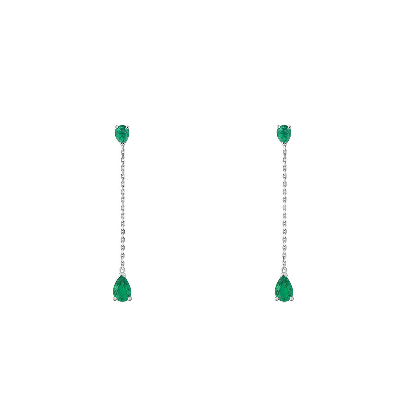 Boucles d'Oreilles Pendantes en Or Blanc 750 & Emeraudes - Joelli
