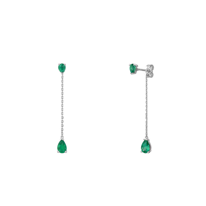 Boucles d'Oreilles Pendantes en Or Blanc 750 & Emeraudes - Joelli