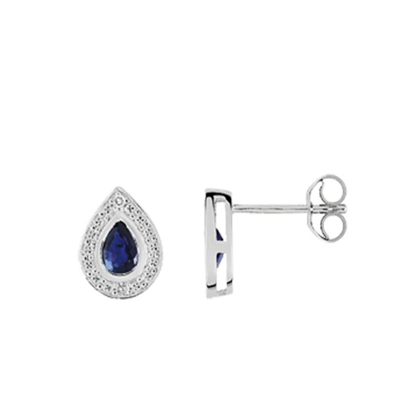 Boucles d'Oreilles Gouttes en Or Blanc 750 & Diamant et Saphir - Joelli