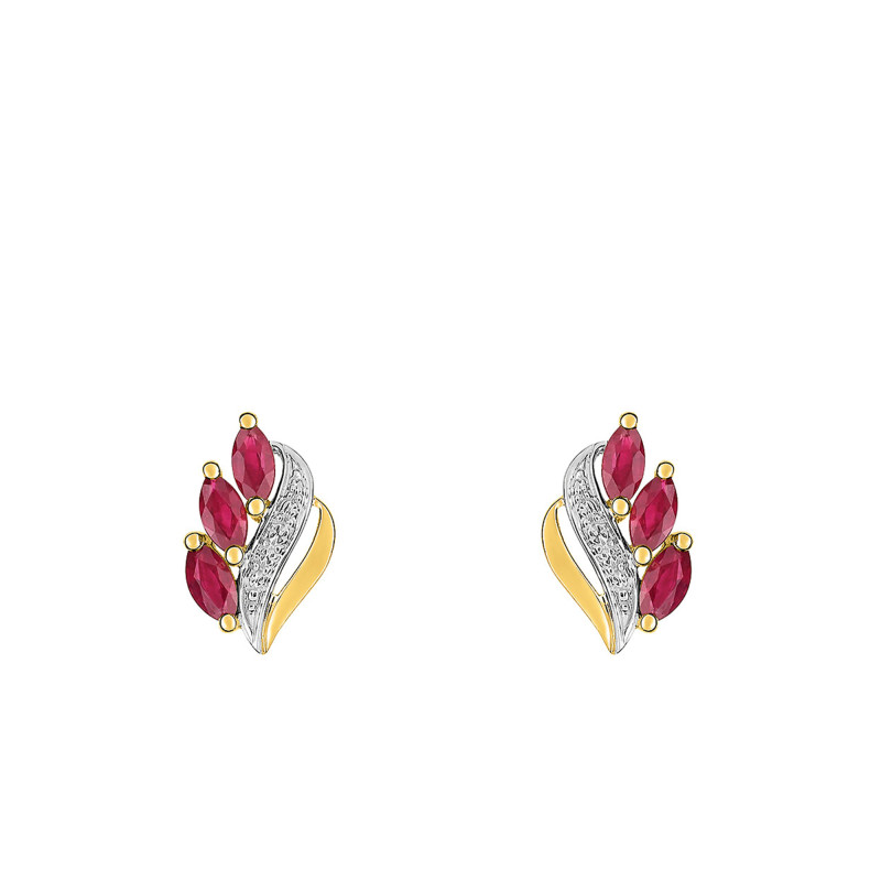 Boucles d'Oreilles en 2 Ors 750 & Diamants et 3 Rubis Navettes - Joelli