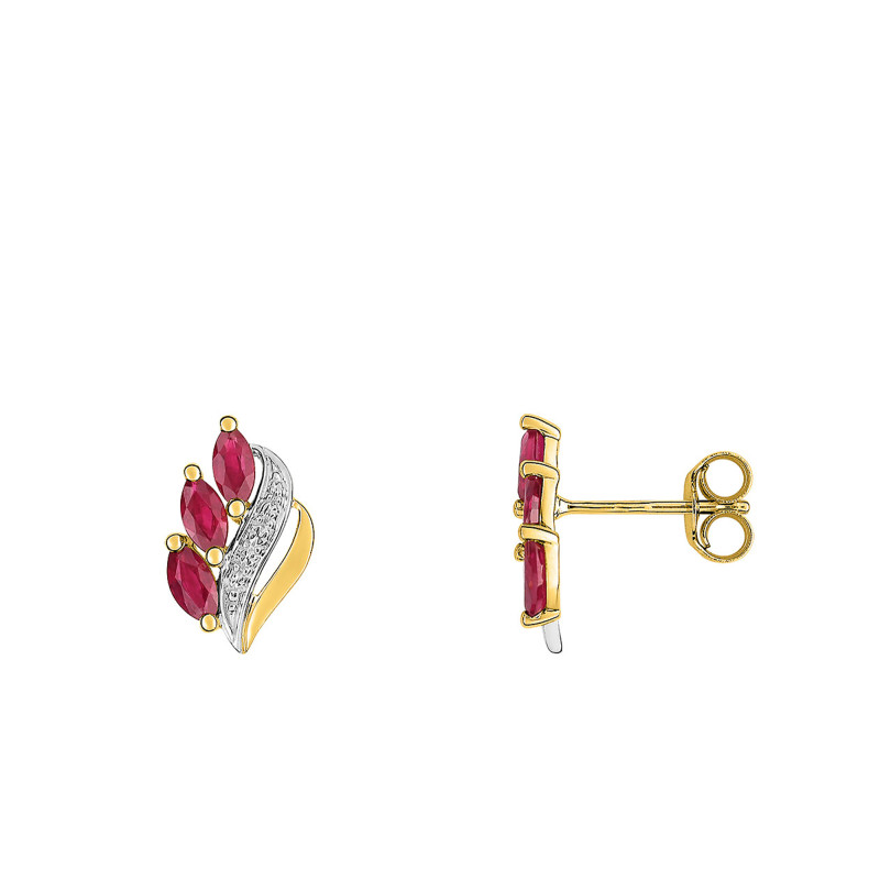 Boucles d'Oreilles en 2 Ors 750 & Diamants et 3 Rubis Navettes - Joelli