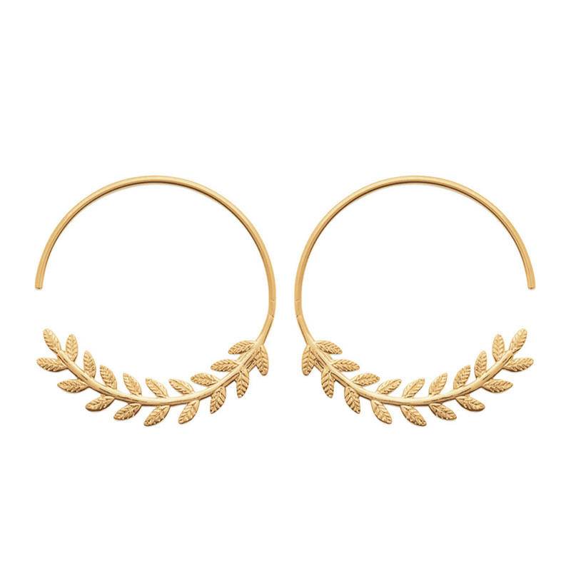 Boucles d'Oreilles Créoles Feuilles de Lauriers en Plaqué Or Jaune, Diamètre 30 mm - Naïades
