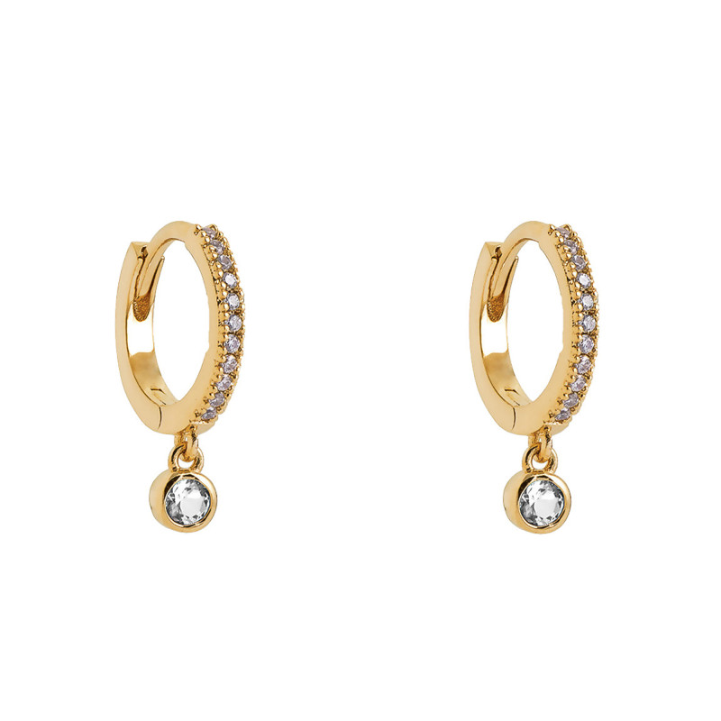 Boucles d'Oreilles Créoles en Plaqué Or & Oxydes et Pierres Synthétiques Blanches, Diamètre 10 mm - Naïades
