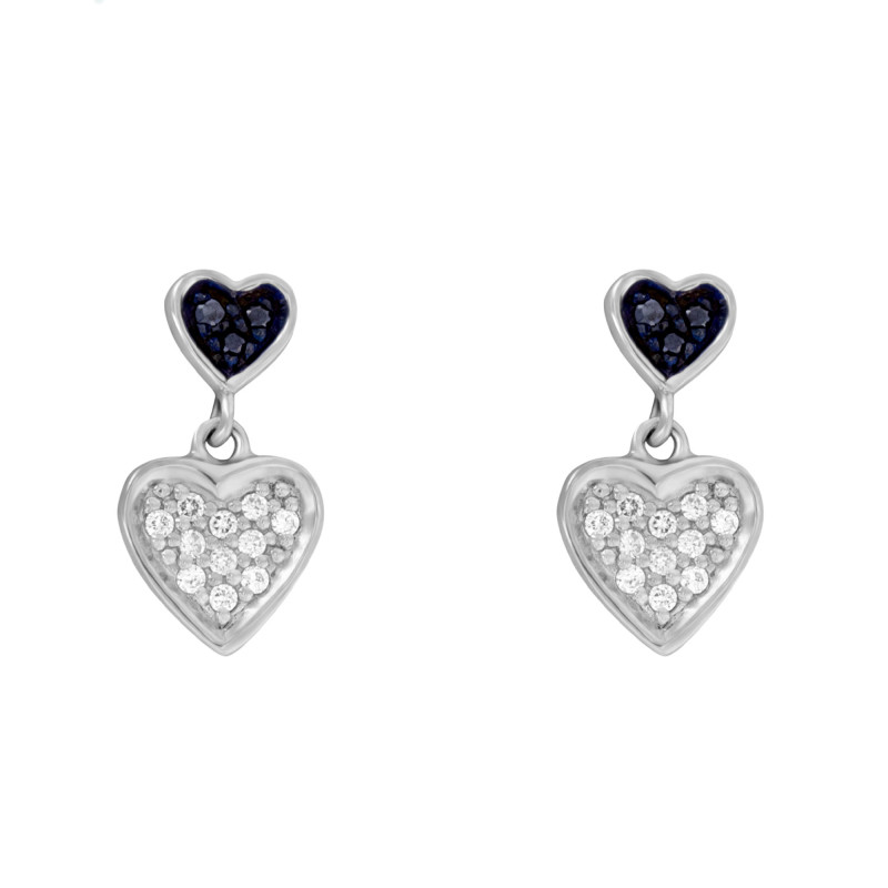 Boucles d'Oreilles Double Coeur Bleu et Blanc en Argent 925 & Oxydes de Zirconium - Naïades