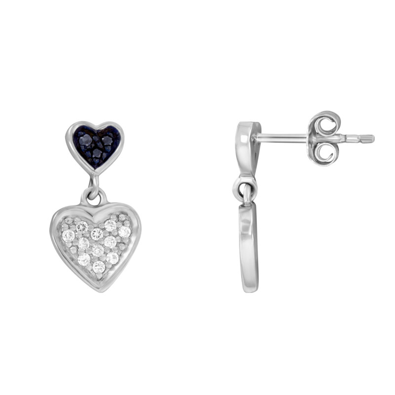 Boucles d'Oreilles Double Coeur Bleu et Blanc en Argent 925 & Oxydes de Zirconium - Naïades