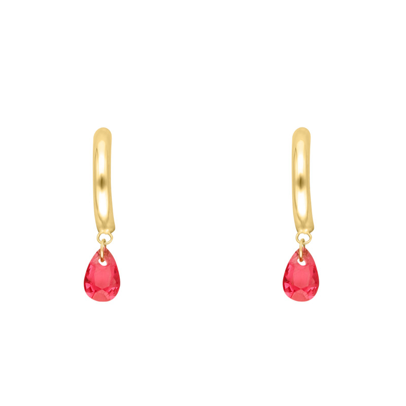 Boucles d'Oreilles Créoles Poires en Or Jaune 375 & Cristaux Roses, Diamètre 11,70 mm - Ocarat