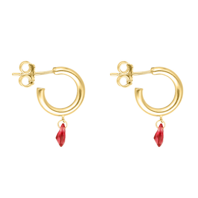 Boucles d'Oreilles Créoles Poires en Or Jaune 375 & Cristaux Roses, Diamètre 11,70 mm - Ocarat