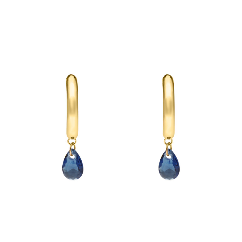 Boucles d'Oreilles Créoles en Or Jaune 375 & Cristaux Poires Bleus, Longueur 11,70 mm - Ocarat