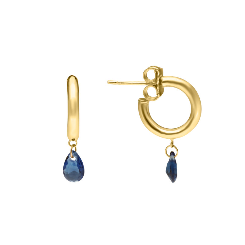 Boucles d'Oreilles Créoles en Or Jaune 375 & Cristaux Poires Bleus, Longueur 11,70 mm - Ocarat