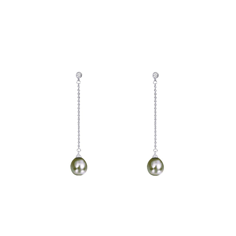 Boucles d'Oreilles en Or Blanc 750 & Diamants et Perles de Tahiti - Poema
