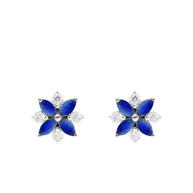 Boucles d'Oreilles Fleurs en Or Blanc 375 ou 750 & Diamants et Saphirs - Aurora
