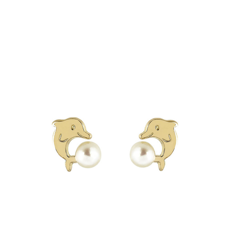 Boucles d'Oreilles Puces Dauphin en Or Jaune 750 & Perle de Culture - Bambins