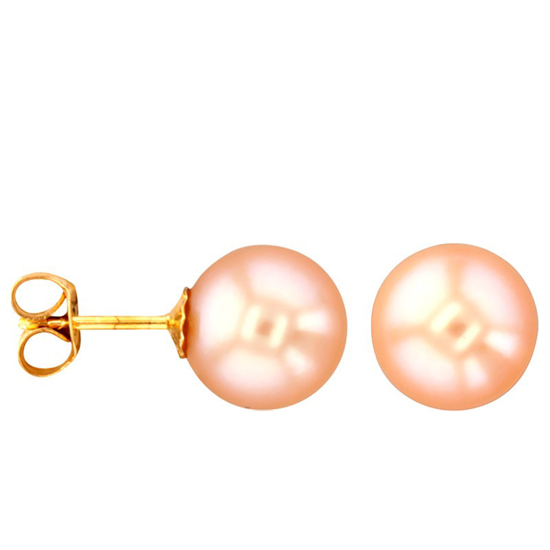 Boucles d'Oreilles Puces en Or Jaune 750 & Perles de Culture Roses Clair - Porchet