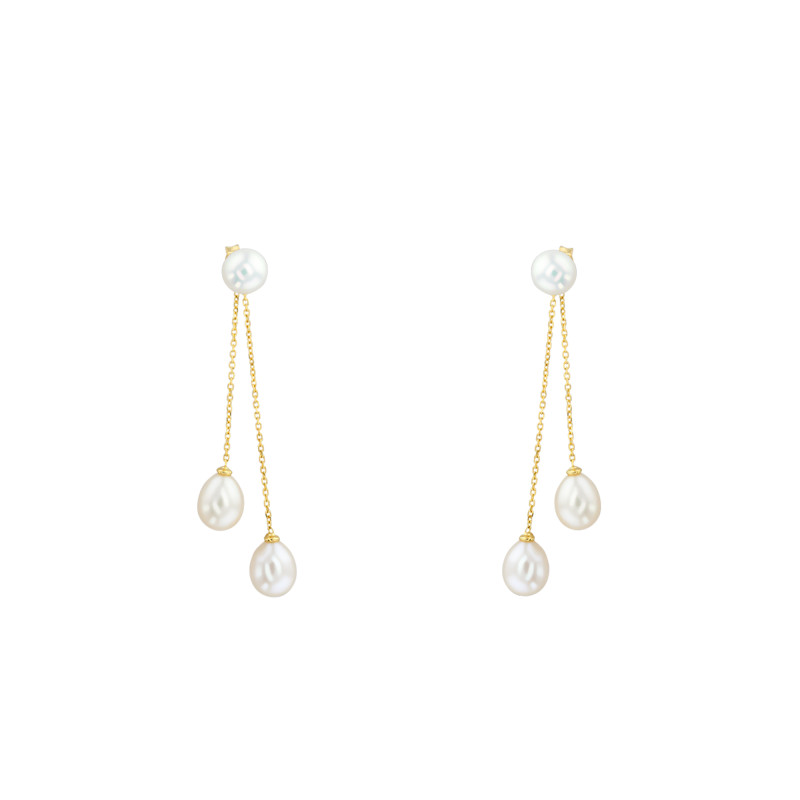 Boucles d'Oreilles Pendantes en Or Jaune 750 & Trio de Perles - Porchet