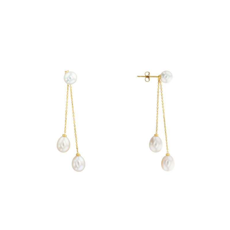 Boucles d'Oreilles Pendantes en Or Jaune 750 & Trio de Perles - Porchet
