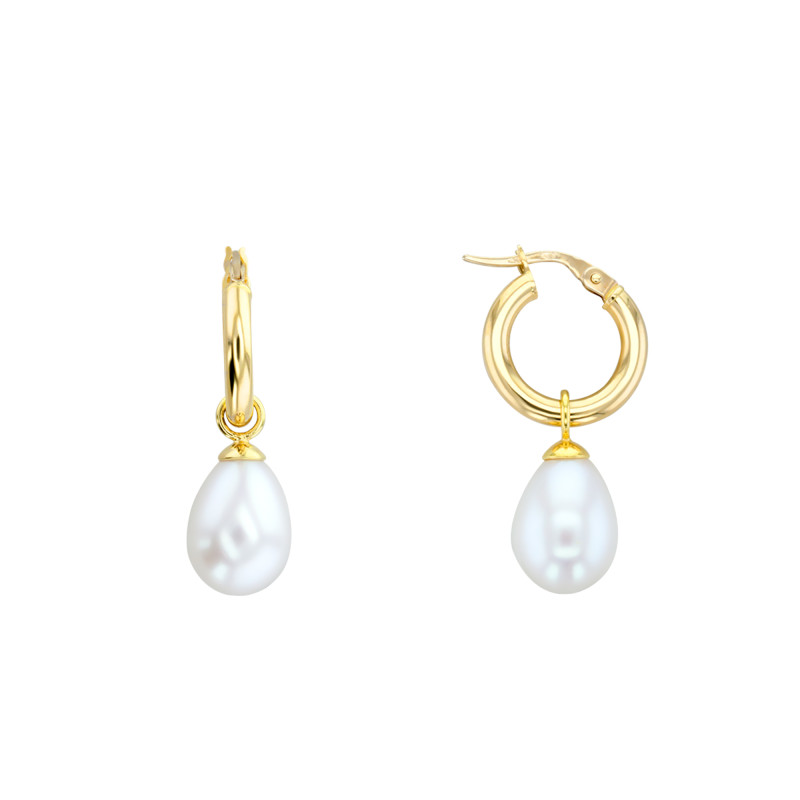 Boucles d'Oreilles Créoles en Or Jaune 750 & Perles, Diamètre 12,30 mm - Porchet