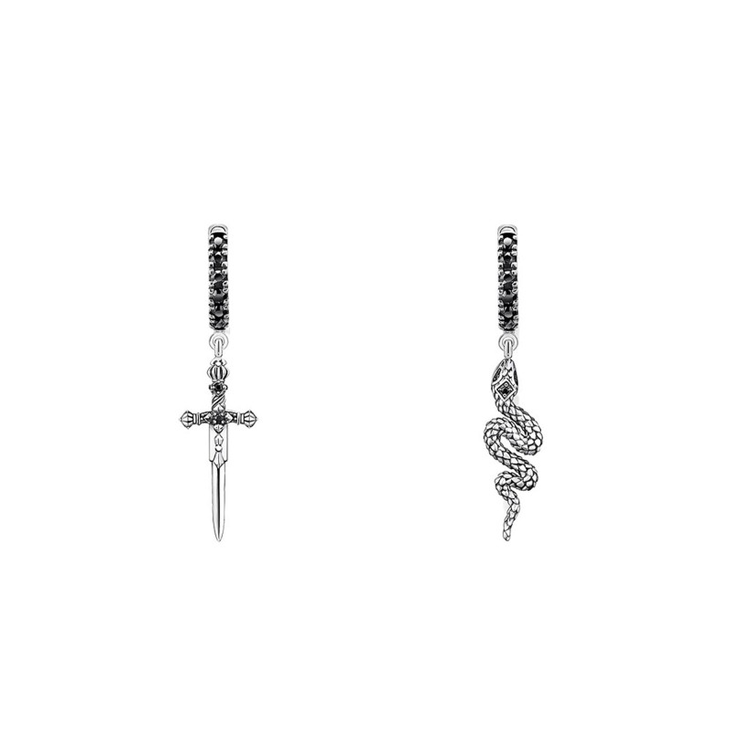 Boucles d'Oreilles Créoles Noirci Serpent et Epée en Argent, Diamètre 1,40 cm - CR713-643-11 - Thomas Sabo