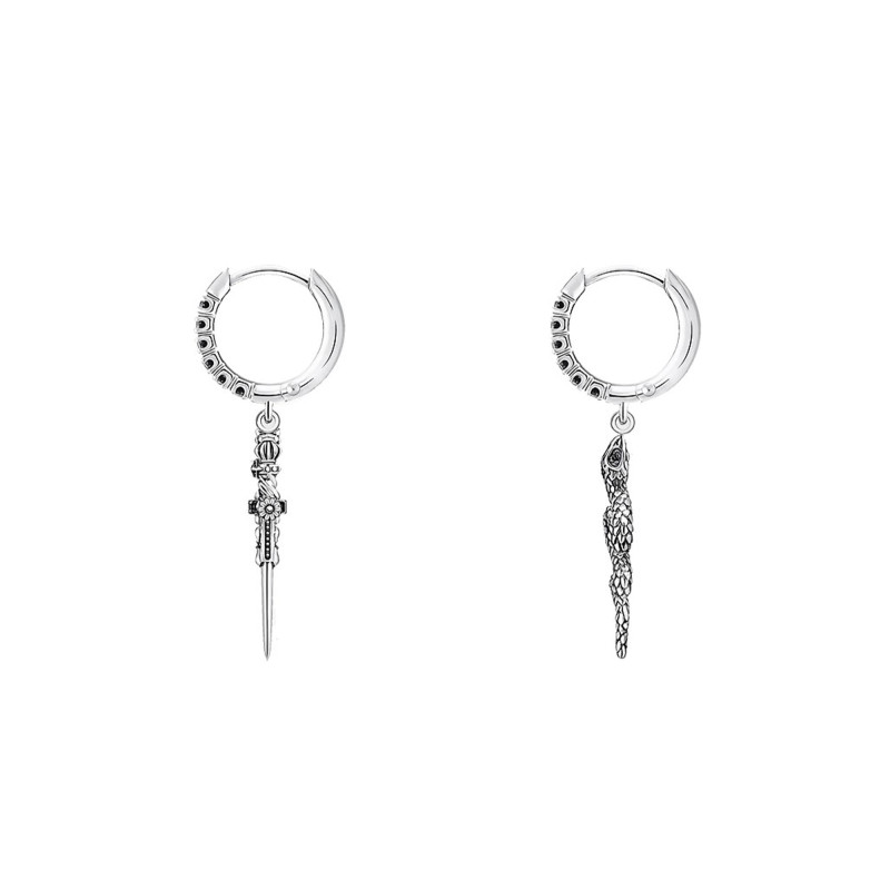 Boucles d'Oreilles Créoles Noirci Serpent et Epée en Argent, Diamètre 1,40 cm - CR713-643-11 - Thomas Sabo