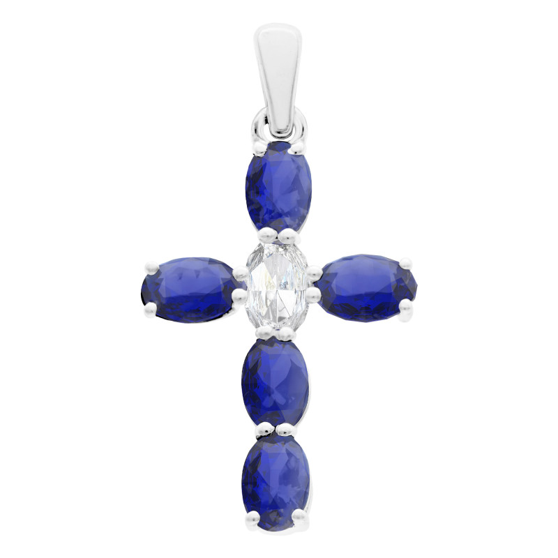 Pendentif Croix en Or Blanc 375 & Pierres Bleues et Oxyde de Zirconium Blanc - Vandona