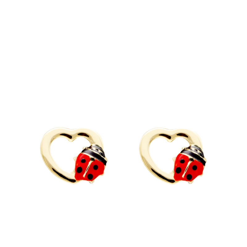 Boucles d'Oreilles Coeurs & Coccinelles en Or Jaune 750 - Bambins