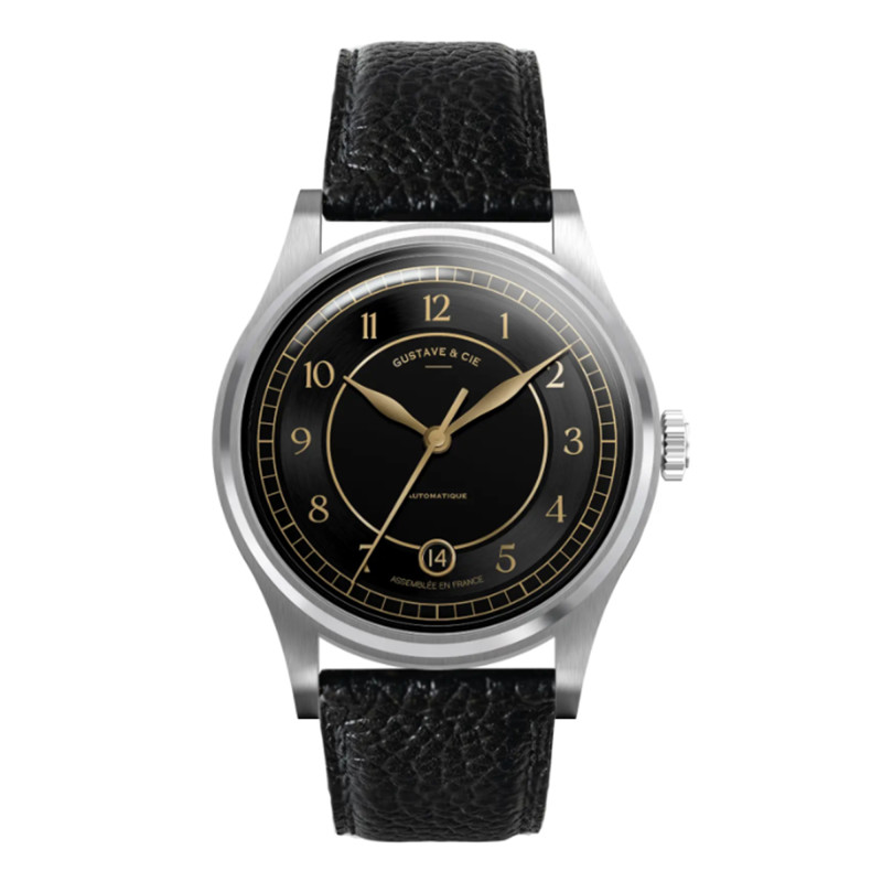 Montre 12H Charles Argent & Noir Cuir Noir Grainé 38mm - Gustave & Cie