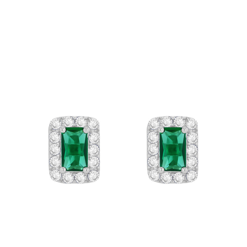 Boucles d'Oreilles en Or Blanc 375 & Halo de Oxydes de Zirconium et 2 Emeraudes - Emanessence