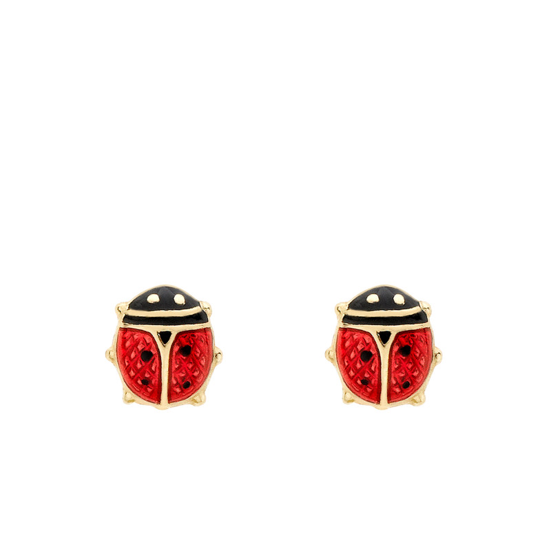 Boucles d'Oreilles Puces Coccinelles en Or Jaune 375 & Email - Bambins
