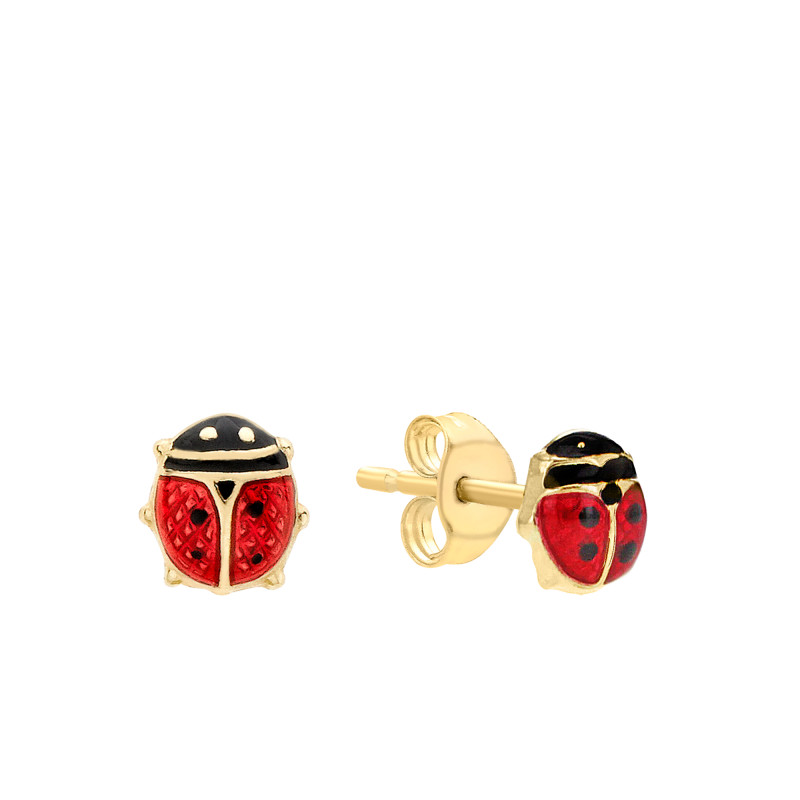 Boucles d'Oreilles Puces Coccinelles en Or Jaune 375 & Email - Bambins