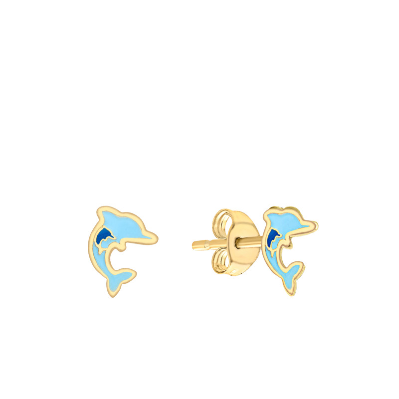Boucles d'Oreilles Dauphin en Or Jaune 375 & Email Bleu - Bambins