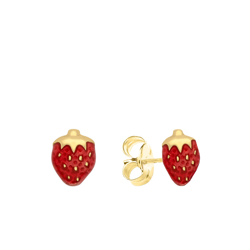 Boucles d'Oreilles Fraises en Or Jaune 375 & Émaillées - Bambins