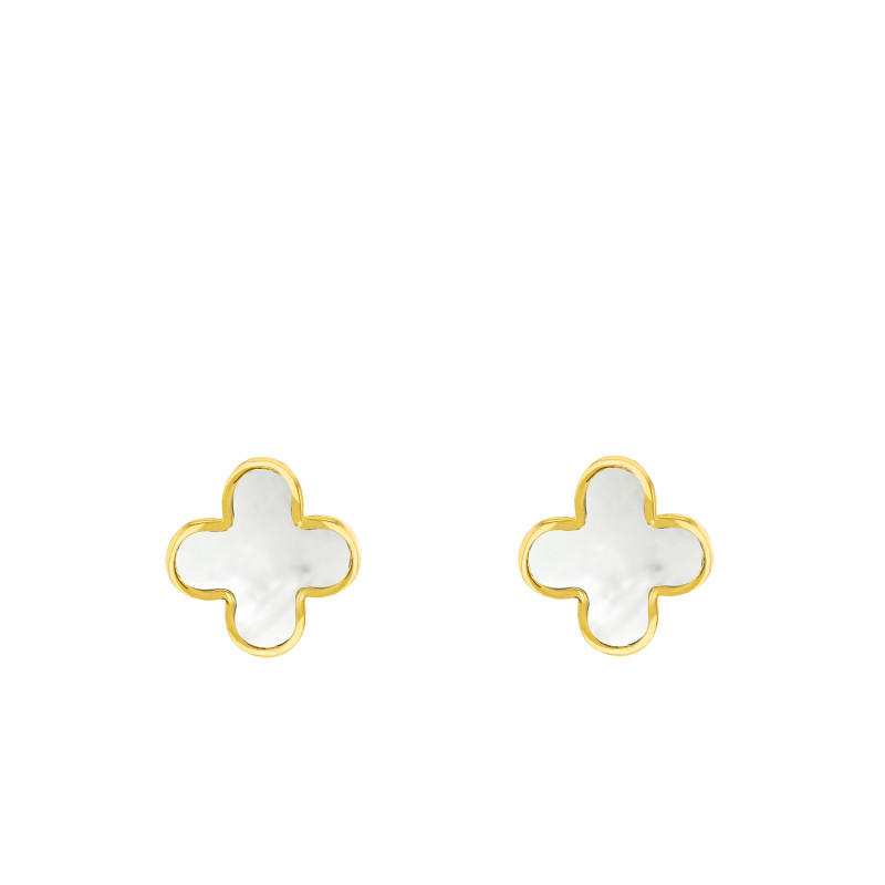 Boucles d'Oreilles Trèfles en Or Jaune 375 & Nacres Blanches - Aurora