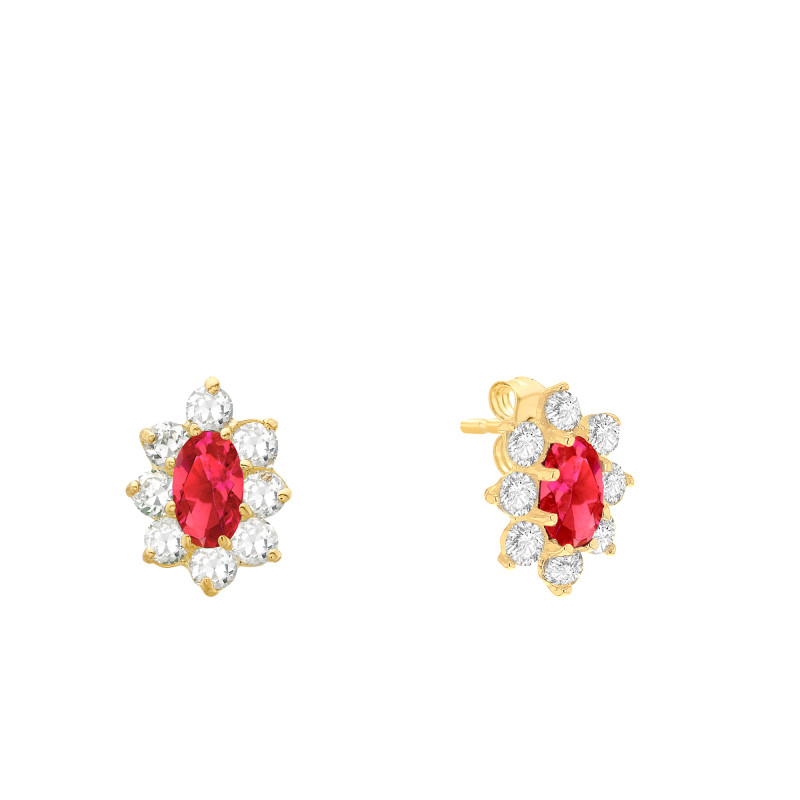 Boucles d'Oreilles Fleur en Or Jaune 375 & Oxydes de Zirconium Blancs et Rouges - Emanessence